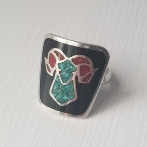 Aries Ram coral turquoise chip silver ring